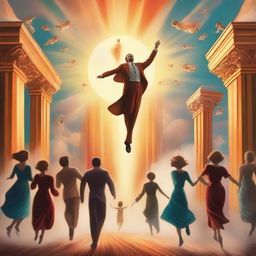 A breathtaking scene of the rapture, with people jumping with realistic faces ascending towards a bright, fiery light in the sky, surrounded by clouds and a sense of divine presence, in art deco style