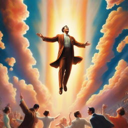 A breathtaking scene of the rapture, with people jumping with realistic faces ascending towards a bright, fiery light in the sky, surrounded by clouds and a sense of divine presence, in art deco style