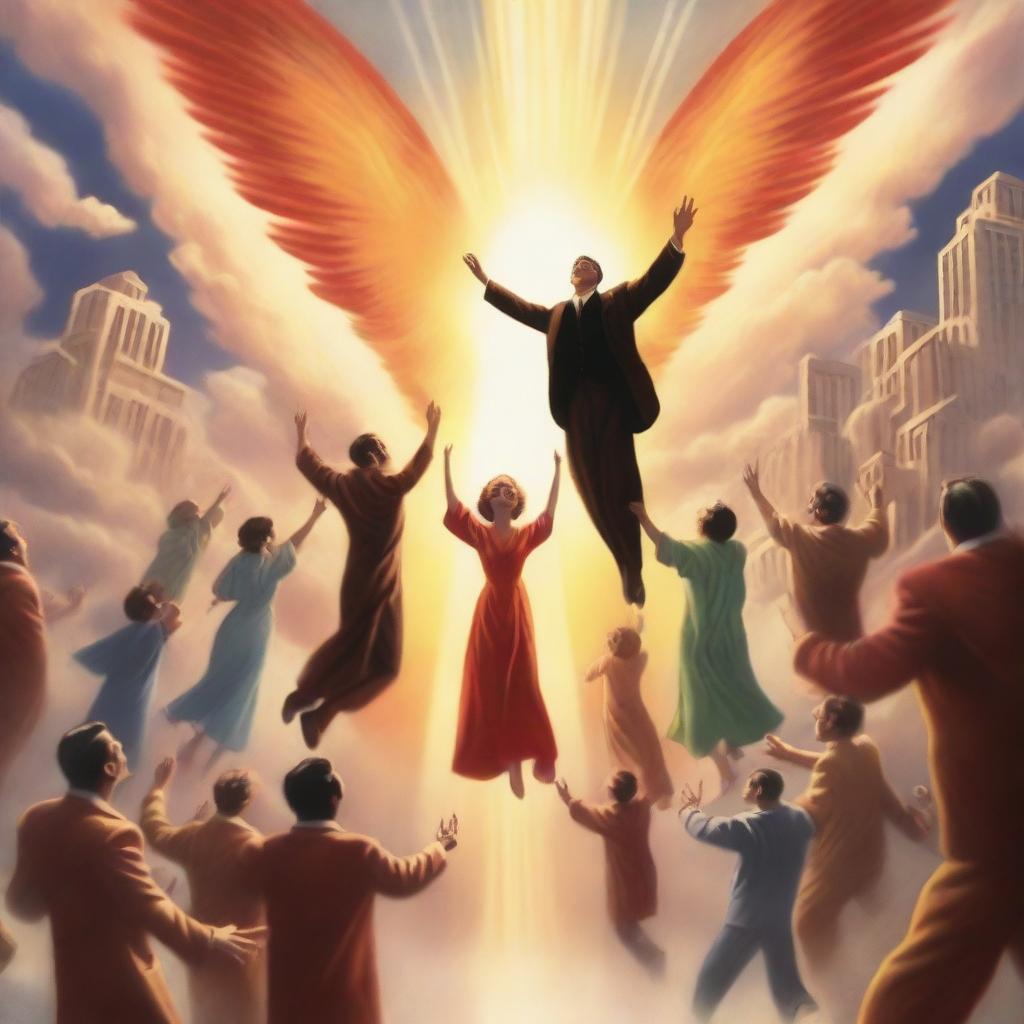 A breathtaking scene of the rapture, with people jumping with realistic faces ascending towards a bright, fiery light in the sky, surrounded by clouds and a sense of divine presence in the background, in art deco style