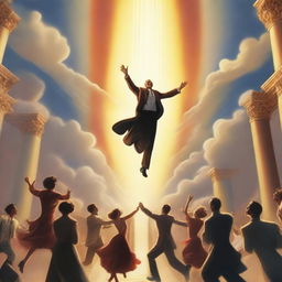 A breathtaking scene of the rapture, with people jumping with realistic faces ascending towards a bright, fiery light in the sky, surrounded by clouds and a sense of divine presence in the background, in art deco style