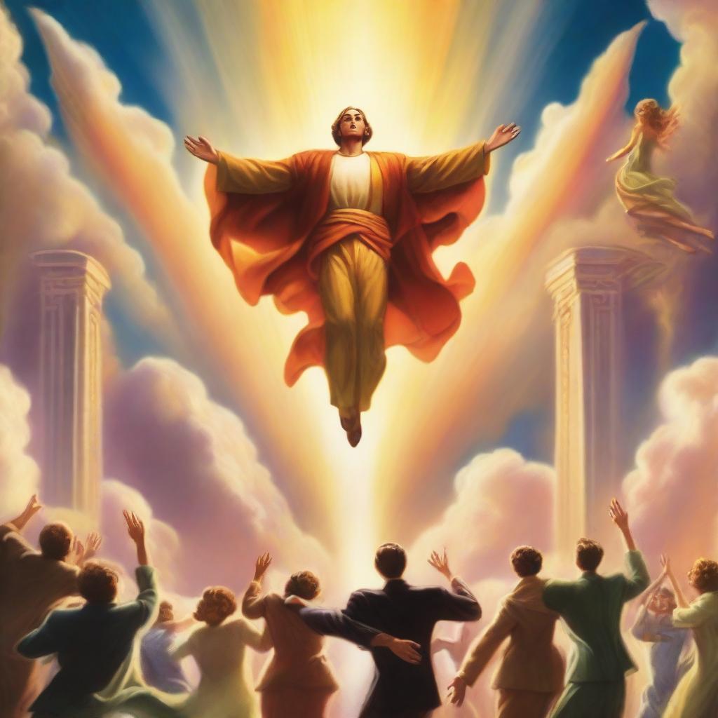 A breathtaking scene of the rapture, with people jumping with realistic faces ascending towards a bright, fiery light in the sky, surrounded by clouds and a sense of divine presence in the background, in art deco style