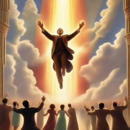 A breathtaking scene of the rapture, with people jumping with realistic faces ascending towards a bright, fiery light in the sky, surrounded by clouds and a sense of divine presence in the background, in art deco style