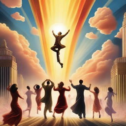 A breathtaking scene of the rapture, with people jumping with realistic faces ascending towards a bright, fiery light in the sky, surrounded by clouds, in art deco style