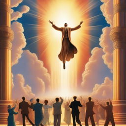 A breathtaking scene of the rapture, with people jumping with realistic faces ascending towards a bright, fiery light in the sky, surrounded by clouds, in art deco style