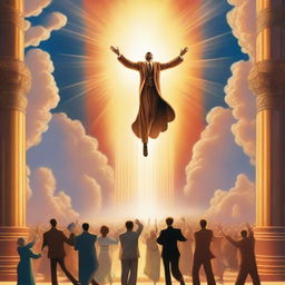 A breathtaking scene of the rapture, with people jumping with realistic faces ascending towards a bright, fiery light in the sky, surrounded by clouds, in art deco style