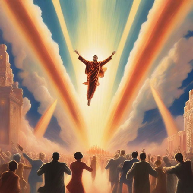 A breathtaking scene of the rapture, with people jumping with realistic faces ascending towards a bright, fiery light in the sky, surrounded by clouds, in art deco style