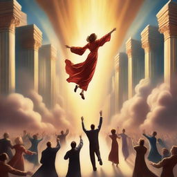 A breathtaking scene of the rapture, with people jumping with realistic faces ascending towards a bright, fiery light in the sky, surrounded by clouds, in art deco style