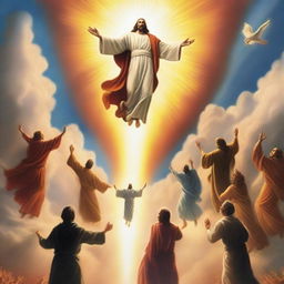 A breathtaking scene of the rapture, with people jumping with realistic faces ascending towards a bright, fiery light in the sky, surrounded by clouds