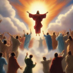 A breathtaking scene of the rapture, with people jumping with realistic faces ascending towards a bright, fiery light in the sky, surrounded by clouds