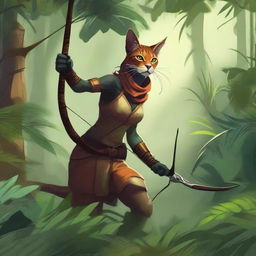 A detailed illustration of a Tabaxi huntress in a lush jungle setting