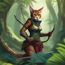 A detailed illustration of a Tabaxi huntress in a lush jungle setting