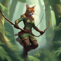 A detailed illustration of a Tabaxi huntress in a lush jungle setting