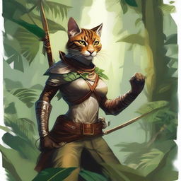 A detailed illustration of a Tabaxi huntress in a lush jungle setting