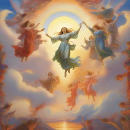 A breathtaking scene of the rapture, with people flying with realistic faces ascending towards a bright, fiery light in the sky, surrounded by clouds, in art nouveau style