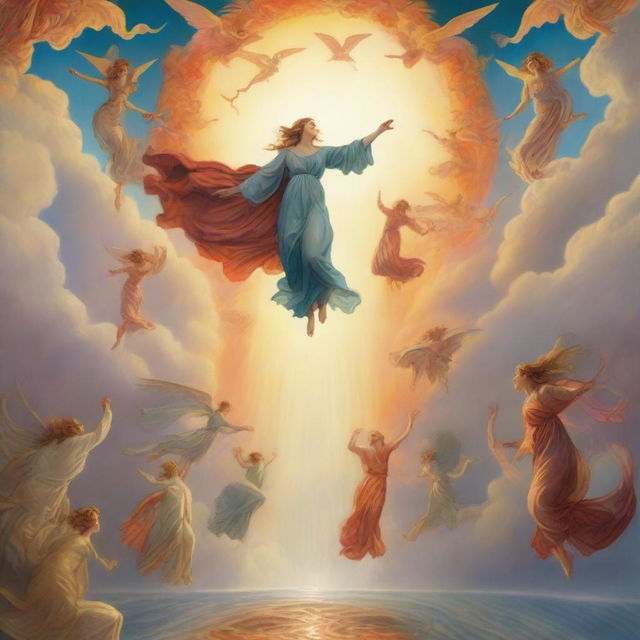 A breathtaking scene of the rapture, with people flying with realistic faces ascending towards a bright, fiery light in the sky, surrounded by clouds, in art nouveau style