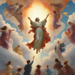 A breathtaking scene of the rapture, with people flying with realistic faces ascending towards a bright, fiery light in the sky, surrounded by clouds, in art nouveau style