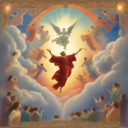 A breathtaking scene of the rapture, with people flying with realistic faces ascending towards a bright, fiery light in the sky, surrounded by clouds, in art nouveau style