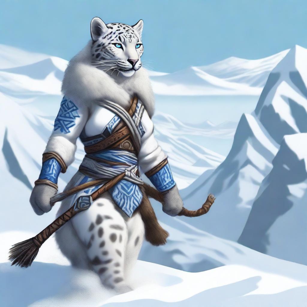 A detailed illustration of a Tabaxi snowleopard huntress