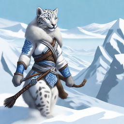 A detailed illustration of a Tabaxi snowleopard huntress