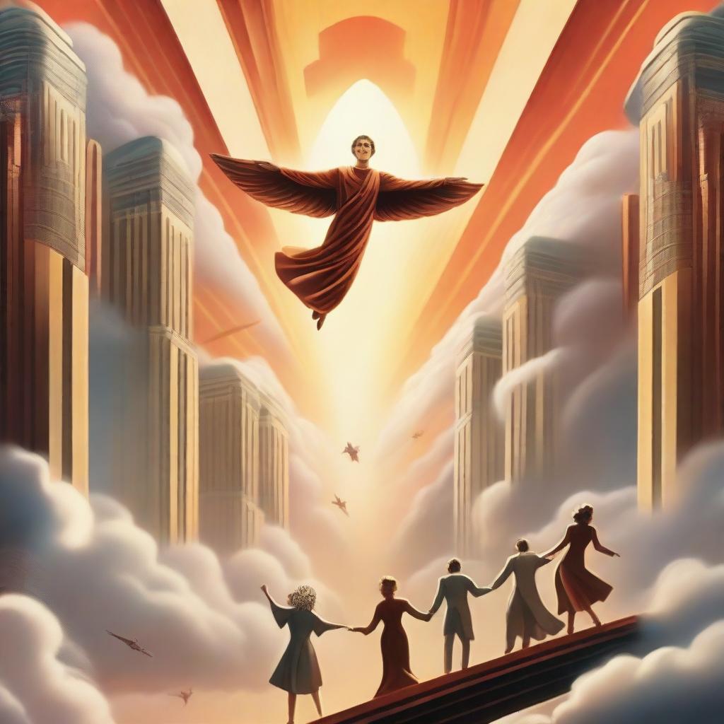 A breathtaking scene of the rapture, with people flying with realistic faces ascending towards a bright, fiery light in the sky, surrounded by clouds, in art deco modern style