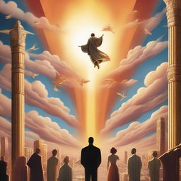 A breathtaking scene of the rapture, with people flying with realistic faces ascending towards a bright, fiery light in the sky, surrounded by clouds, in art deco modern style