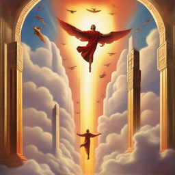 A breathtaking scene of the rapture, with people flying with realistic faces ascending towards a bright, fiery light in the sky, surrounded by clouds, in art deco modern style