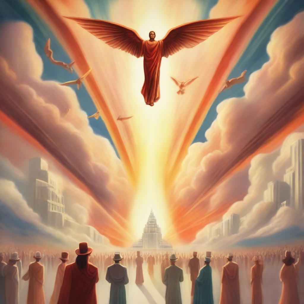 A breathtaking scene of the rapture, with people flying with realistic faces ascending towards a bright, fiery light in the sky, surrounded by clouds, in art deco modern style