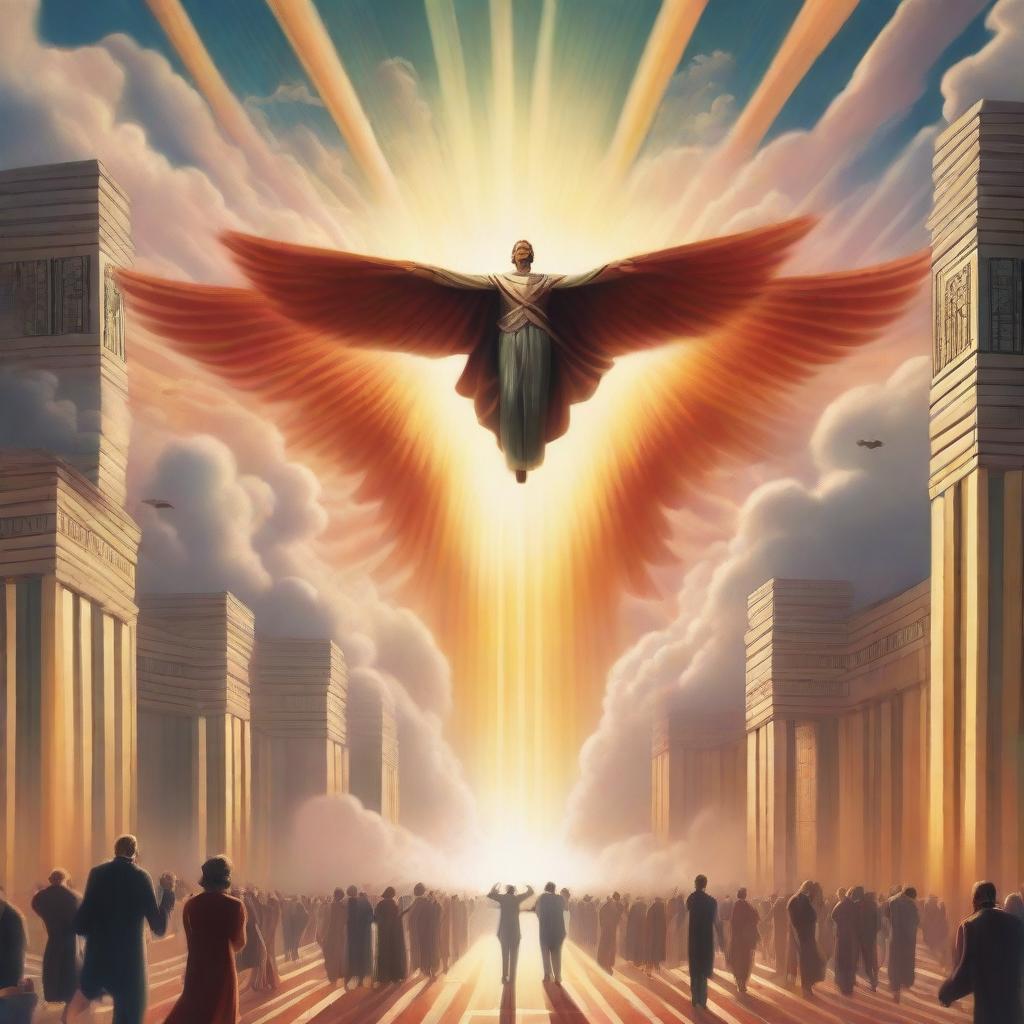 A breathtaking scene of the rapture, with people flying with realistic faces ascending towards a bright, fiery light in the sky, surrounded by clouds, in art deco modern style