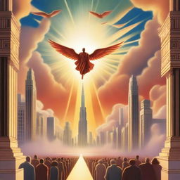 A breathtaking scene of the rapture, with people flying with realistic faces ascending towards a bright, fiery light in the sky, surrounded by clouds, in art deco modern style