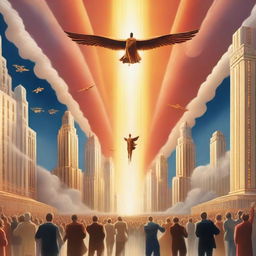 A breathtaking scene of the rapture, with people flying with realistic faces ascending towards a bright, fiery light in the sky, surrounded by clouds, in art deco modern style