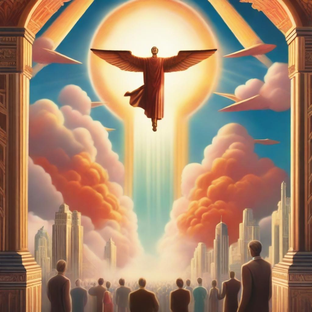 A breathtaking scene of the rapture, with people flying with realistic faces ascending towards a bright, fiery light in the sky, surrounded by clouds, in art deco modern style