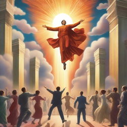 A breathtaking scene of the rapture, with people jumping with realistic faces ascending towards a bright, fiery light in the sky, surrounded by clouds and a sense of divine presence, in art deco style