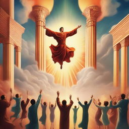 A breathtaking scene of the rapture, with people jumping with realistic faces ascending towards a bright, fiery light in the sky, surrounded by clouds and a sense of divine presence, in art deco style