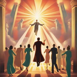 A breathtaking scene of the rapture, with people jumping with realistic faces ascending towards a bright, fiery light in the sky, surrounded by clouds and a sense of divine presence, in art deco style