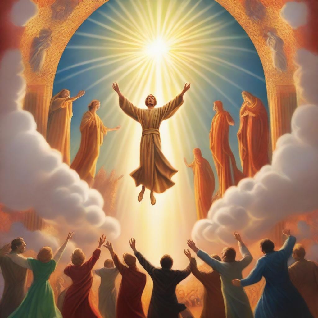 A breathtaking scene of the rapture, with people jumping with realistic faces ascending towards a bright, fiery light in the sky, surrounded by clouds and a sense of divine presence, in art deco style