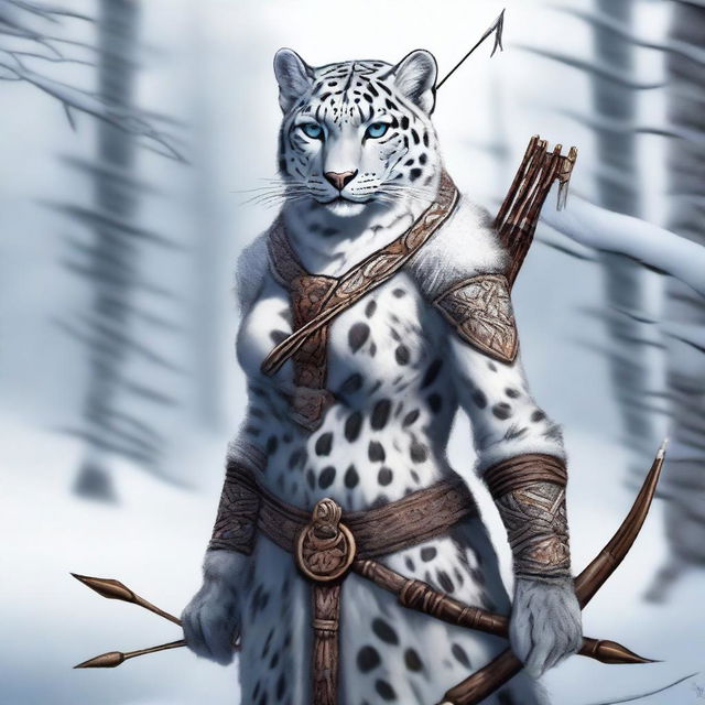 A detailed illustration of a female Tabaxi snow leopard huntress