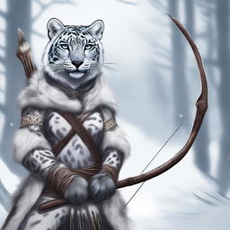 A detailed illustration of a female Tabaxi snow leopard huntress