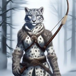 A detailed illustration of a female Tabaxi snow leopard huntress