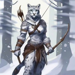 A detailed illustration of a female Tabaxi snow leopard huntress