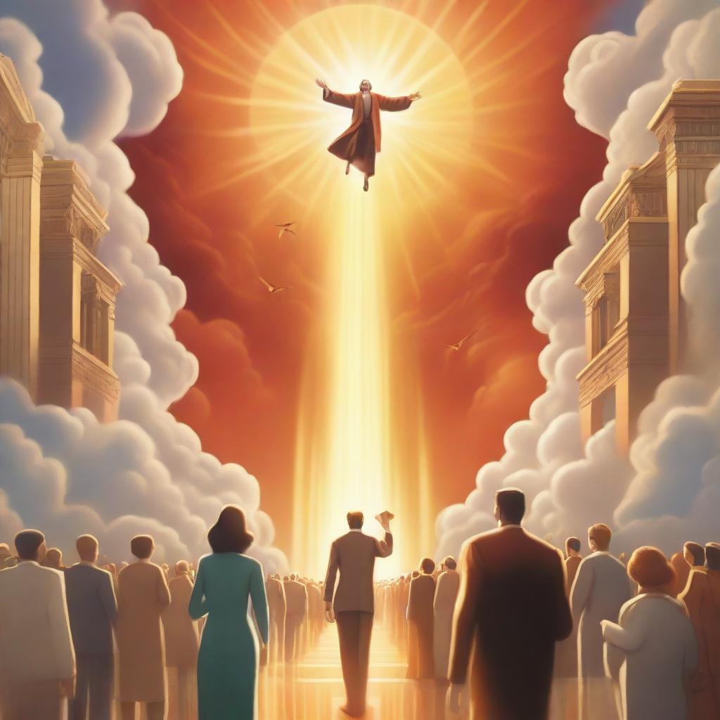 A breathtaking scene of the rapture, with people in the air with realistic faces ascending towards a bright, fiery light in the sky, surrounded by clouds and a sense of divine presence, in art deco style