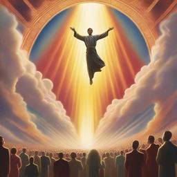 A breathtaking scene of the rapture, with people in the air with realistic faces ascending towards a bright, fiery light in the sky, surrounded by clouds and a sense of divine presence, in art deco style