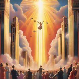 A breathtaking scene of the rapture, with people in the air with realistic faces ascending towards a bright, fiery light in the sky, surrounded by clouds and a sense of divine presence, in art deco style