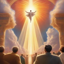 A breathtaking scene of the rapture, with people in the air with realistic faces ascending towards a bright, fiery light in the sky, surrounded by clouds and a sense of divine presence, in art deco style