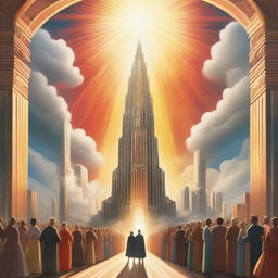 A breathtaking scene of the rapture, with people with realistic faces ascending towards a bright, fiery light in the sky, surrounded by clouds, buildings in a kingdom in the sky, and a profound sense of divine presence, in art deco style