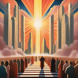 A breathtaking scene of the rapture, with people with realistic faces ascending towards a bright, fiery light in the sky, surrounded by clouds, buildings in a kingdom in the sky, and a profound sense of divine presence, in art deco style