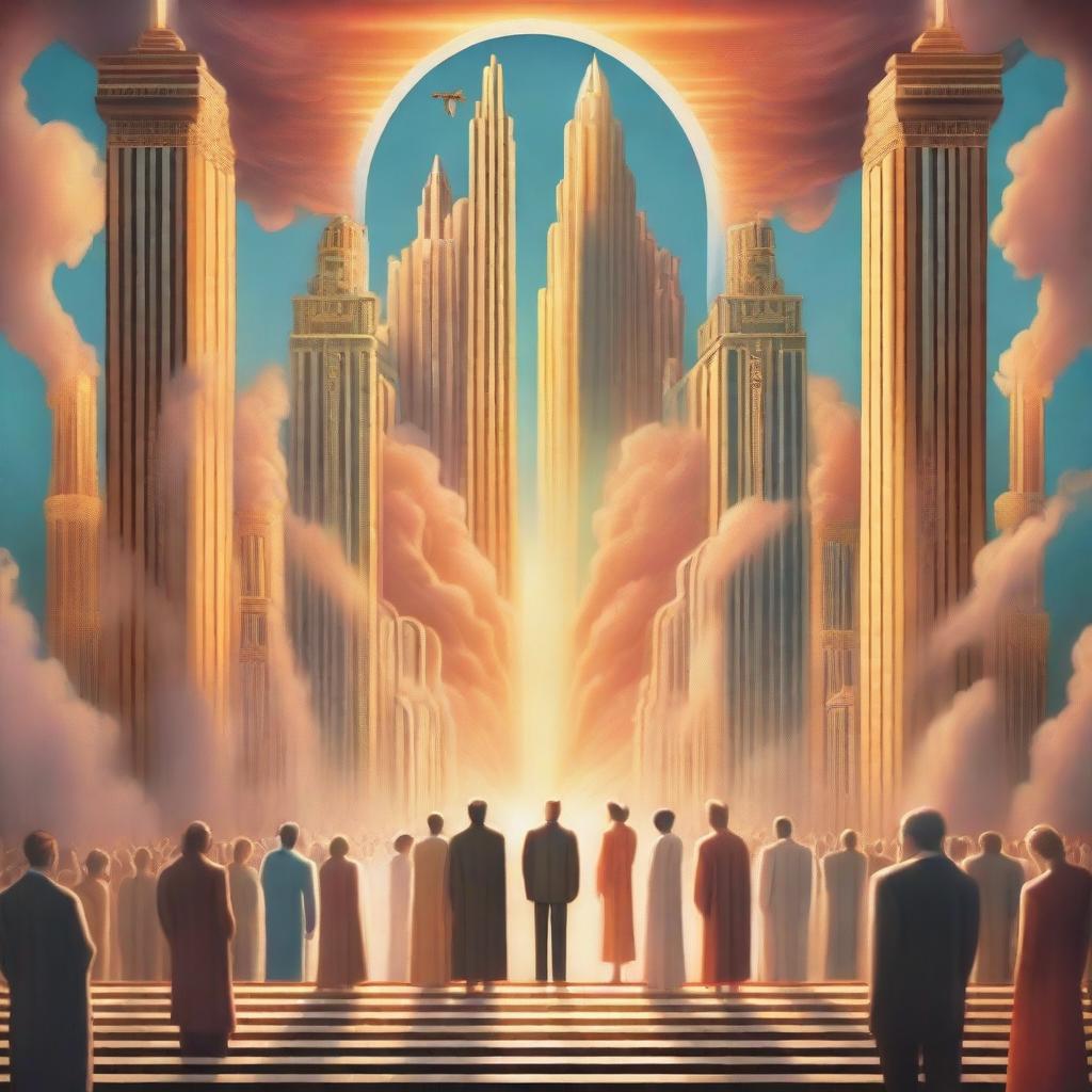 A breathtaking scene of the rapture, with people with realistic faces ascending towards a bright, fiery light in the sky, surrounded by clouds, buildings in a kingdom in the sky, and a profound sense of divine presence, in art deco style