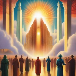 A breathtaking scene of the rapture, with people with realistic faces ascending towards a bright, fiery light in the sky, surrounded by clouds, buildings in a kingdom in the sky, and a profound sense of divine presence, in art deco style