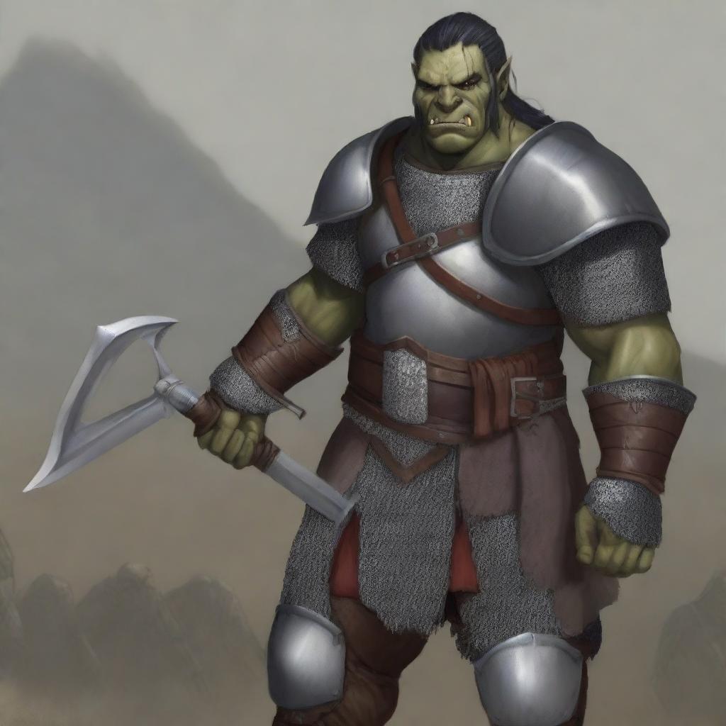 A large half-orc soldier with gray skin, ornamental scars, and black hair