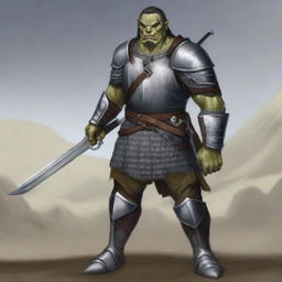 A large half-orc soldier with gray skin, ornamental scars, and black hair