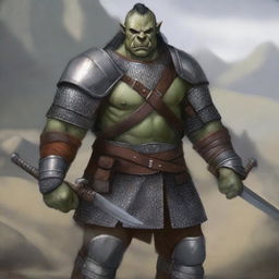 A large half-orc soldier with gray skin, ornamental scars, and black hair